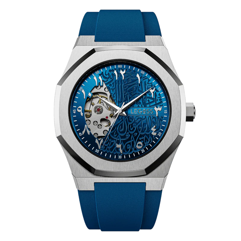 Front view of a men’s automatic watch with a blue Arabic dial and skeleton numerals