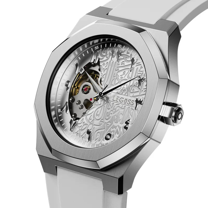 Men’s Arabic dial automatic watch white case angled view